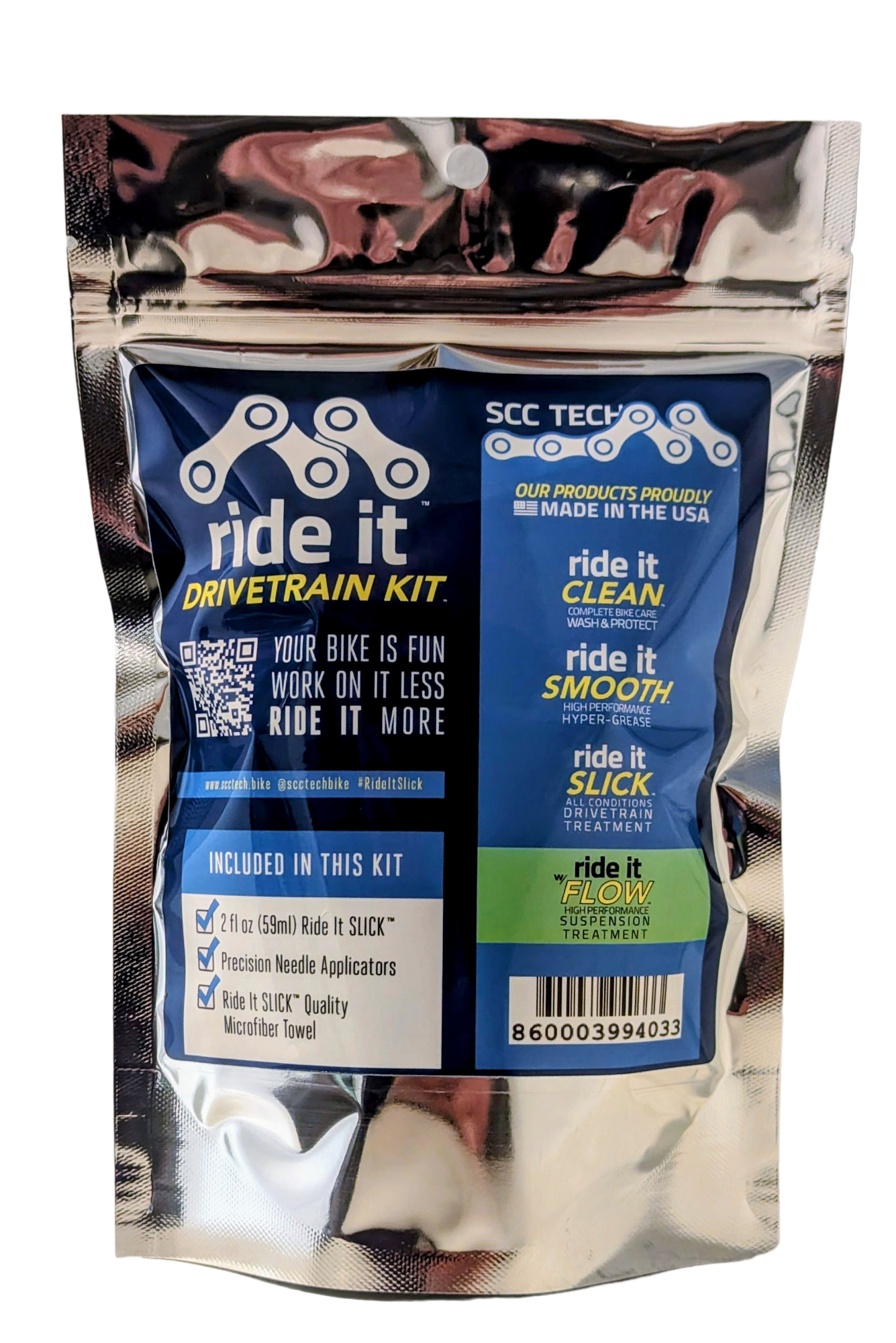 Ride It Drivetrain Kit by SCC Tech, featuring a complete bike maintenance solution. The packaging displays the Ride It brand logo and includes products like Ride It Slick, Ride It Clean, Ride It Smooth, and Ride It Flow. The kit contains 2 fl oz (59 ml) bottle of Ride It Slick drivetrain treatment, precision needle applicators, and a microfiber towel. The label highlights the kit’s focus on enhancing bike performance and protection, with bold text encouraging less time working on it and more time riding it